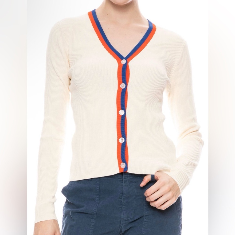 KULE Medium Cream Ribbed Cardigan Red Blue Trim‎ Preppy Flawed